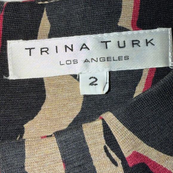Trina Turk Abstract Print Belted Sheath Dress Size 2 Brown Tan Black Cap Sleeve - Picture 5 of 8